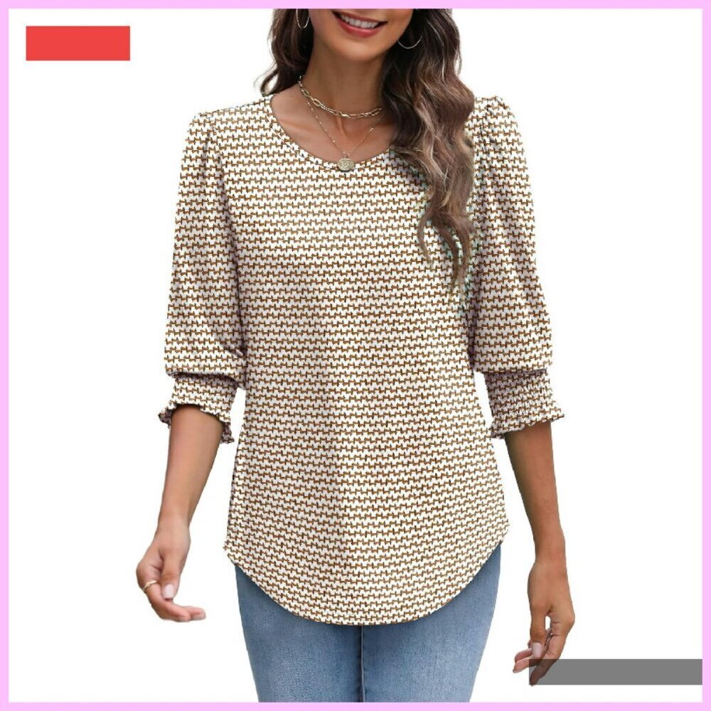 Women's 3/4 Sleeve Smocked Cuff Blouse Casual Dressy Top - Picture 4 of 4